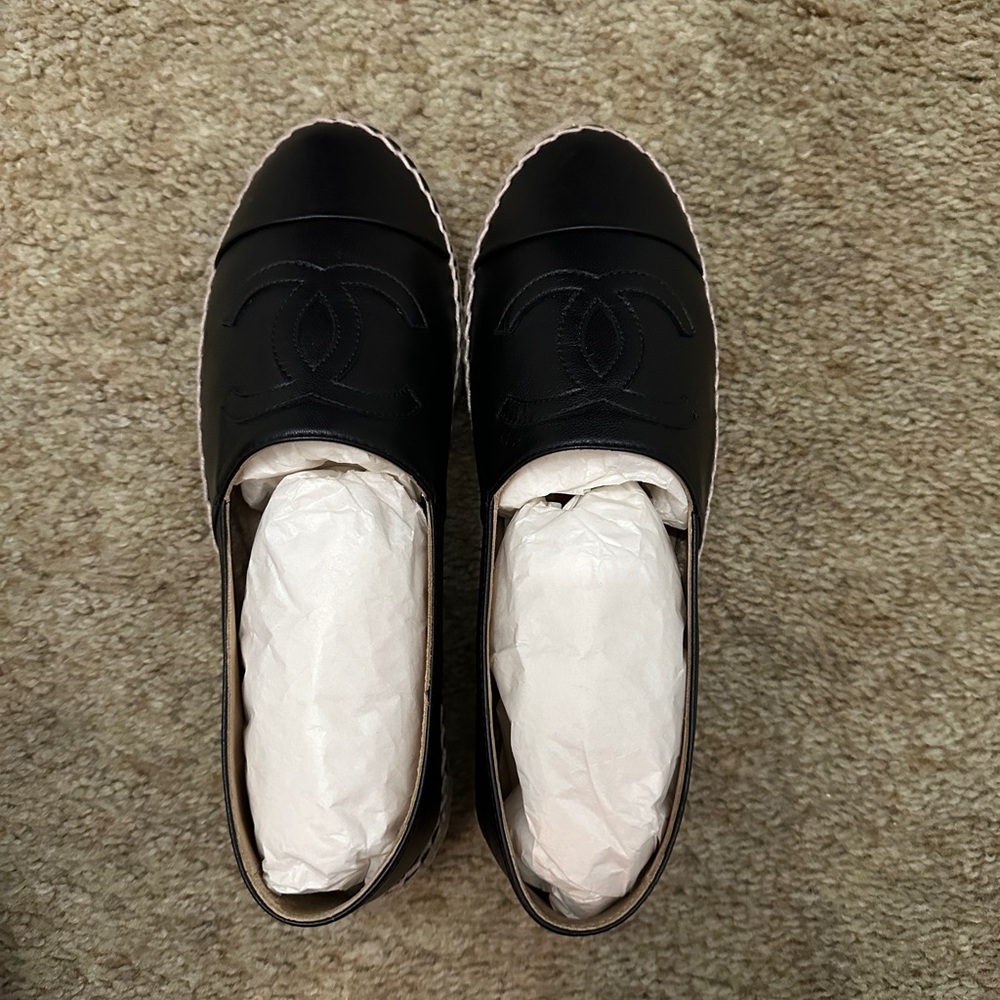 Authentic Chanel Black Espadrille Flats with Reciept from Neiman Marcus